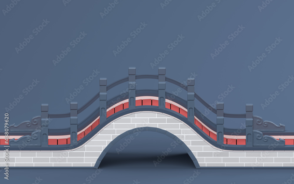 Chinese style bridge with red background, 3d rendering