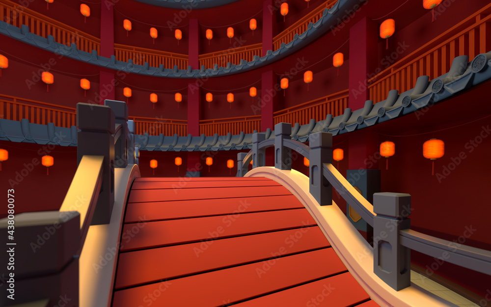 红色室内背景的中式桥梁，3d渲染。