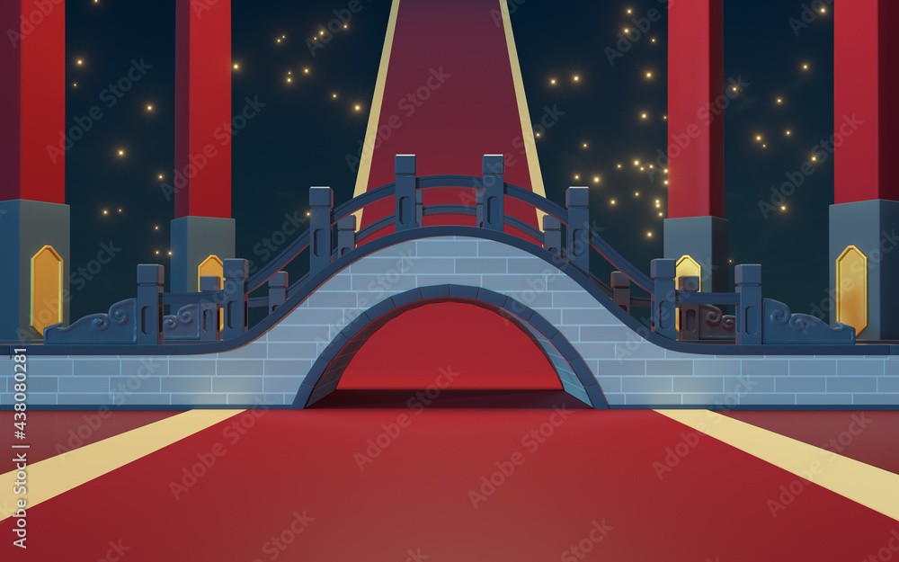 Chinese style bridge with starry stars background, 3d rendering.