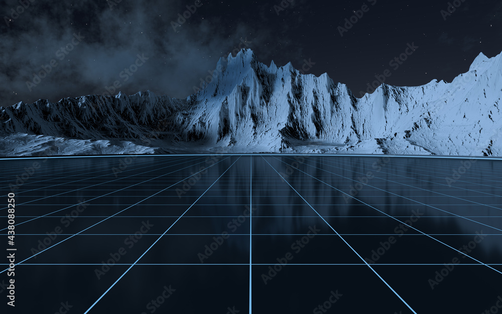 雪山与空地板背景，三维渲染。