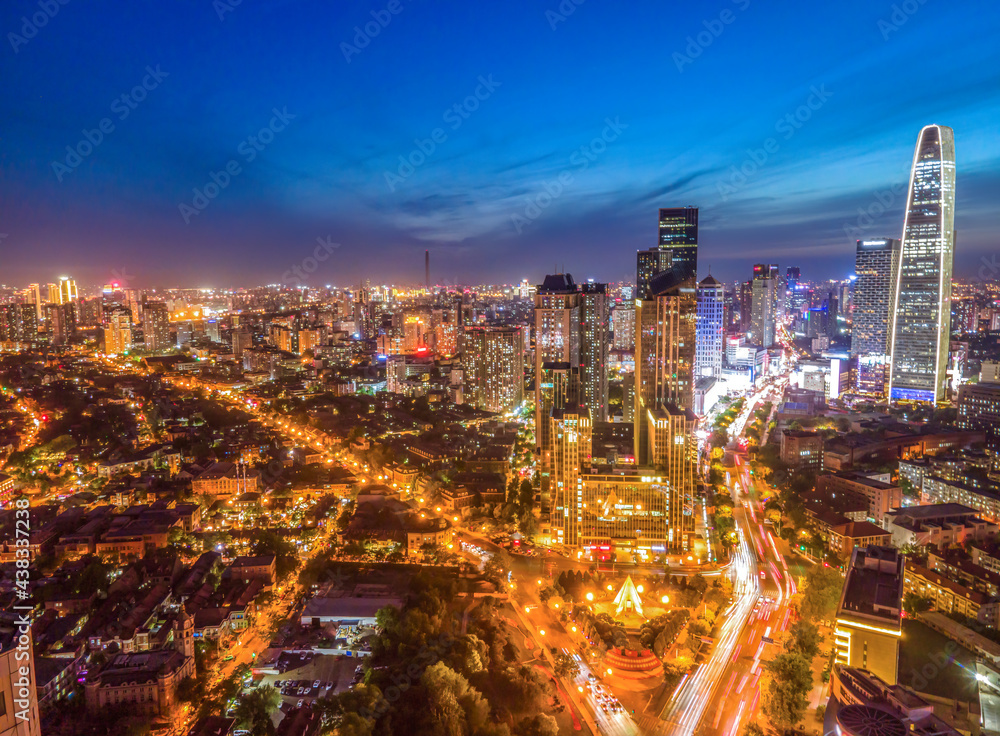 天津城市建筑天际线夜景航拍
