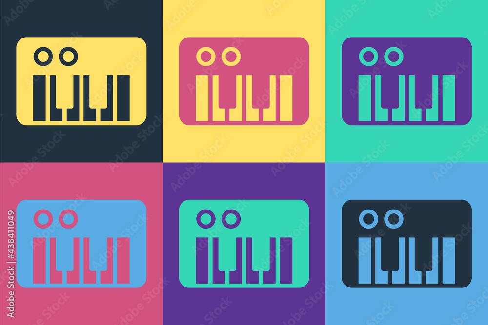 Pop art Music synthesizer icon isolated on color background. Electronic piano. Vector
