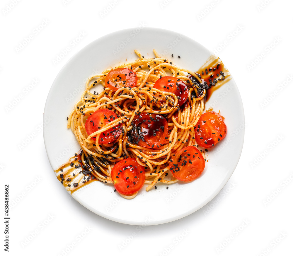 Plate with tasty pasta and tomatoes on white background