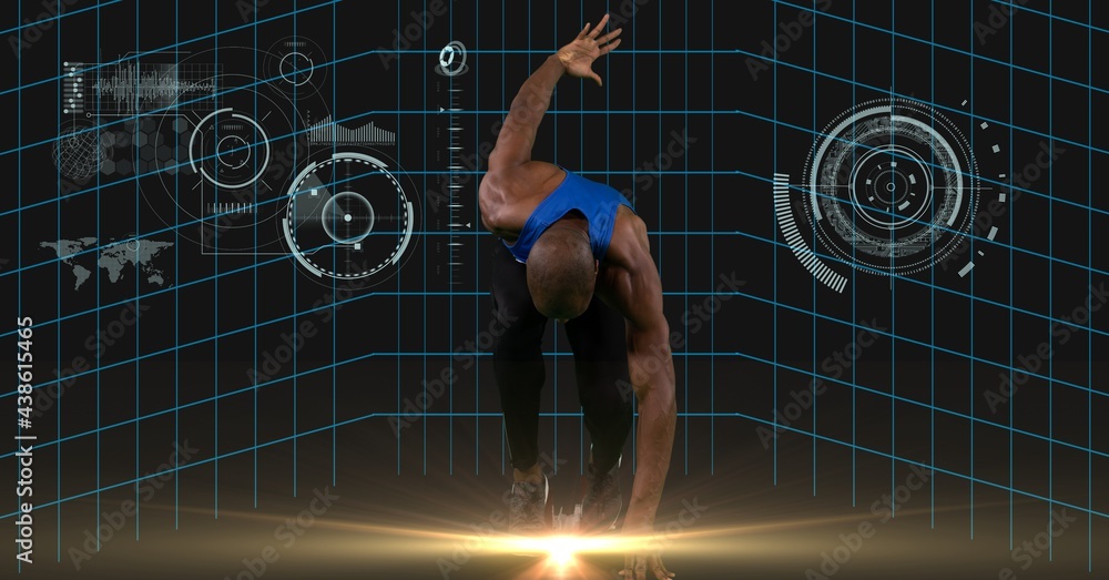 男运动员在数据处理数字接口上跑步时的亮点