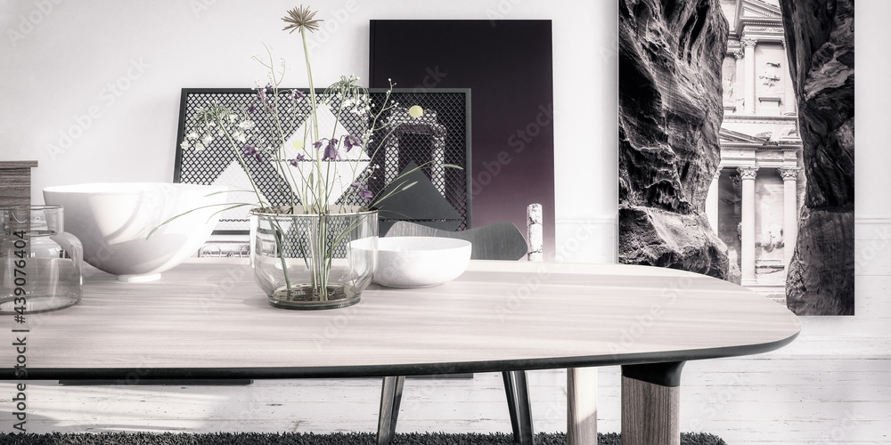 装饰现代餐桌套装-黑白全景3D可视化
