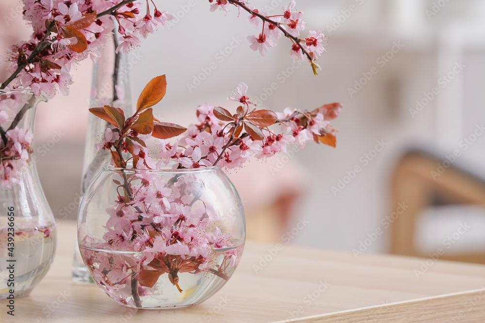 房间桌子上有漂亮的开花树枝的花瓶