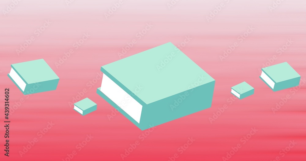 Composition of pale blue books floating on pink background