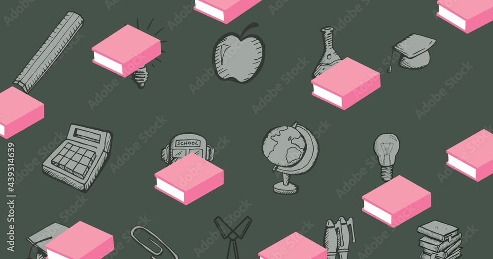 Composition of pink books over grey school related drawings on chalkboard