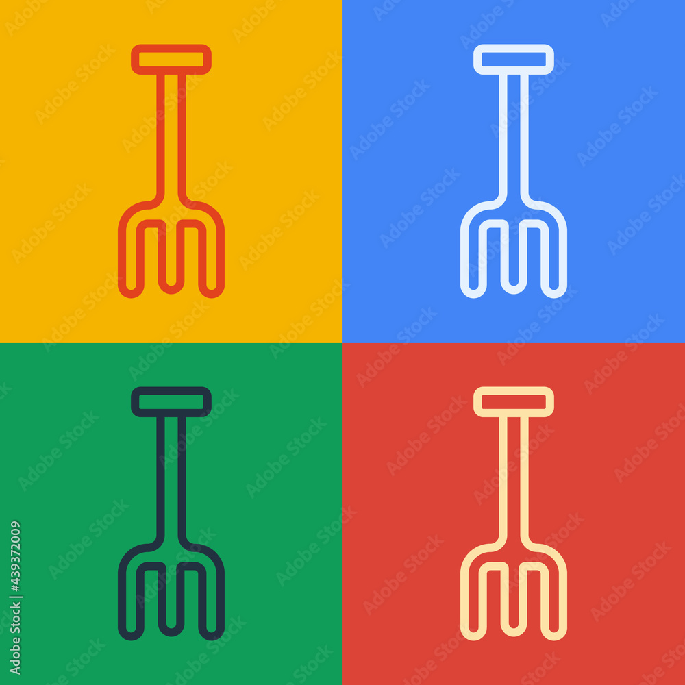 Pop art line Garden rake icon isolated on color background. Tool for horticulture, agriculture, farm