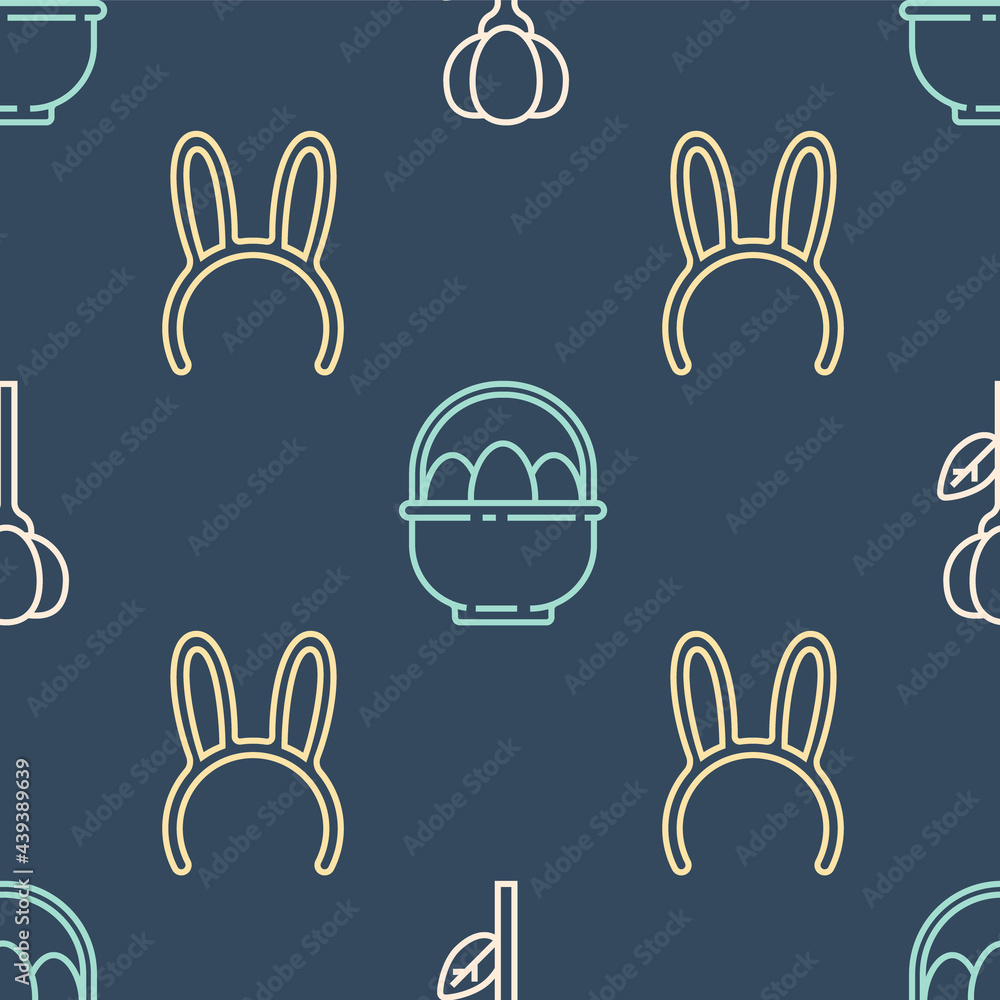 定线花郁金香，带长兔子耳朵的面具和无缝图案的复活节彩蛋篮子。Ve