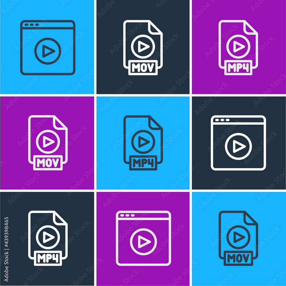 Set line Online play video, MP4 file document and MOV icon. Vector
