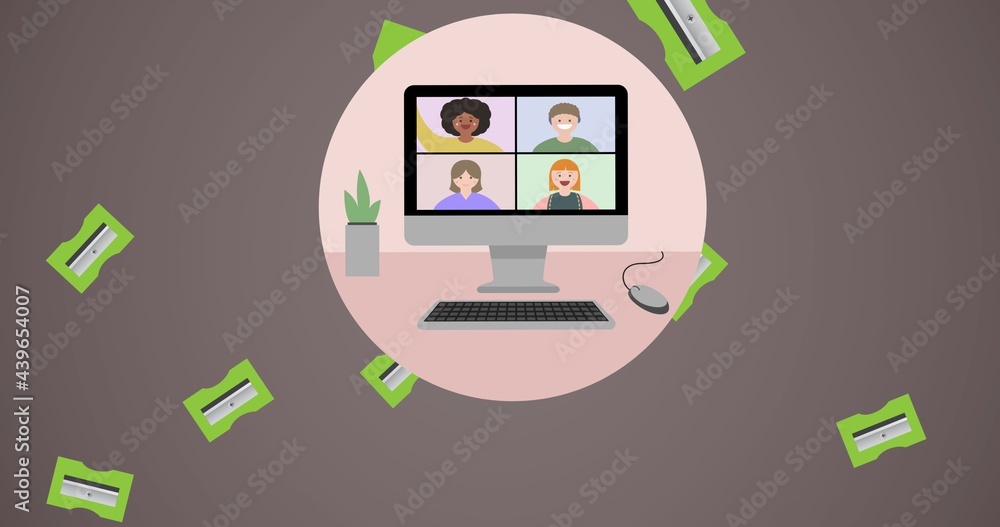 绿色卷笔刀的组成和电脑屏幕上灰色粉色圆圈的视频通话