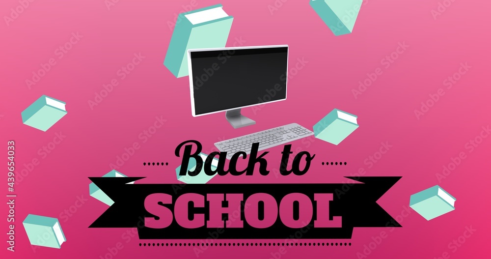 用漂浮的蓝色书籍和台式电脑，在粉红色上写回学校的作文