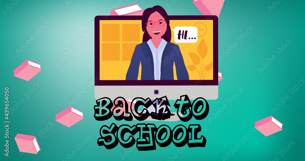 用粉红色的书和电脑屏幕写回学校的作文，女人用蓝色打招呼