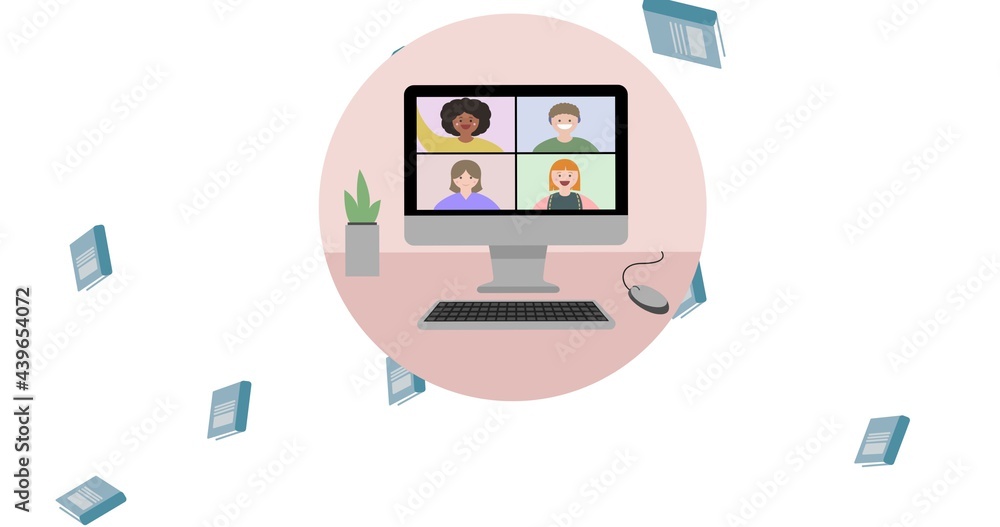 电脑屏幕上的浮动笔记本和视频通话的组成，粉色圆圈，白色