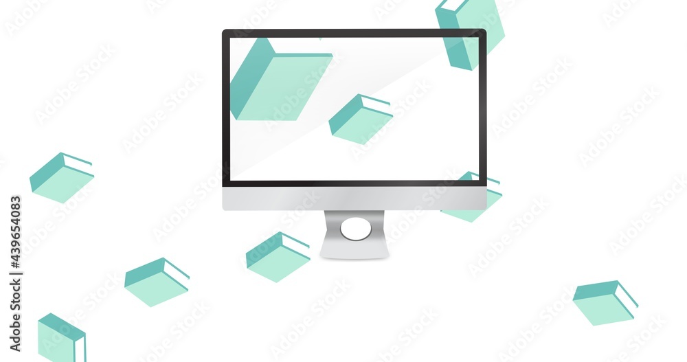 漂浮的蓝皮书和电脑屏幕的组成，在白色上