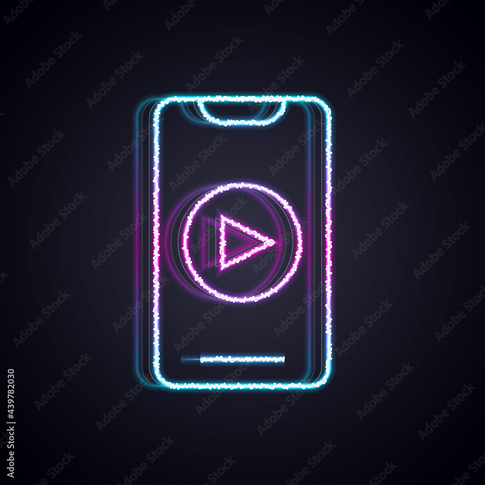 Glowing neon line Online play video icon isolated on black background. Smartphone and film strip wit
