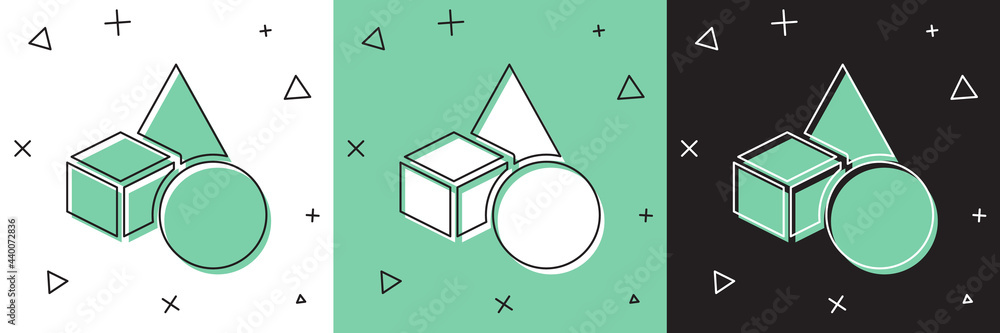 设置隔离在白色和绿色黑色背景上的基本几何形状图标。矢量