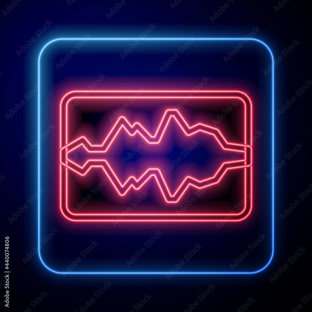发光霓虹灯音乐均衡器图标隔离在黑色背景上。声波。音频数字等效
