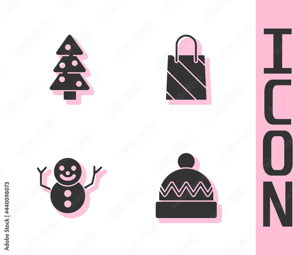 设置冬季帽子、圣诞树、雪人和购物袋图标。Vector
