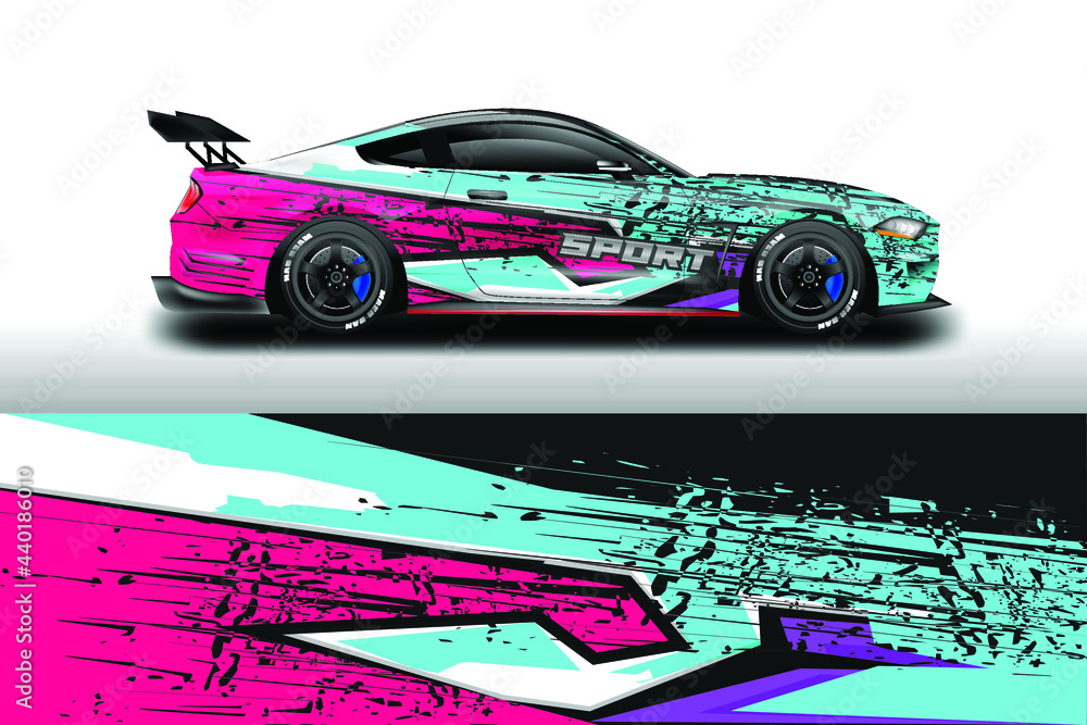 贴花汽车包装设计矢量。图形抽象条纹赛车背景用于车辆、赛车、拉力赛