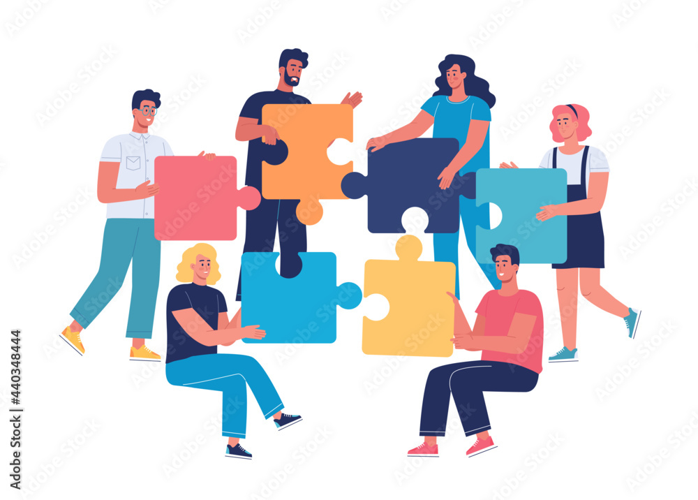 Different young people work together, teamwork vector illustration
