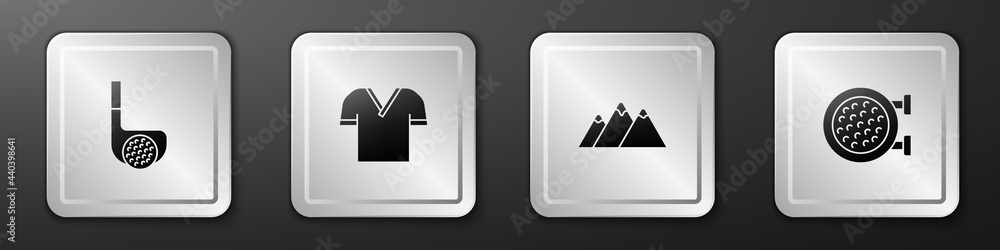Set Golf club with ball, shirt, Mountains and sport icon. Silver square button. Vector