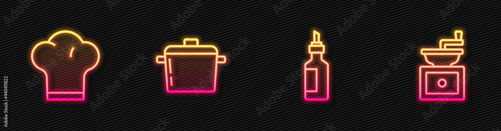 一瓶橄榄油，厨师帽，烹饪锅和手动咖啡研磨机。闪闪发光的霓虹灯图标。Ve
