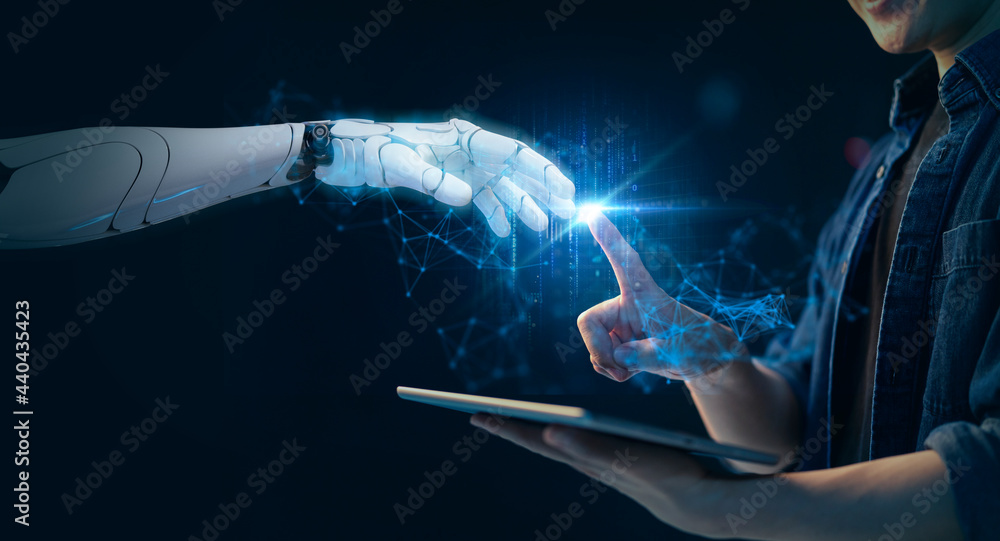 人类和机器人的未来元宇宙技术，未来抽象创新手指指向手环
