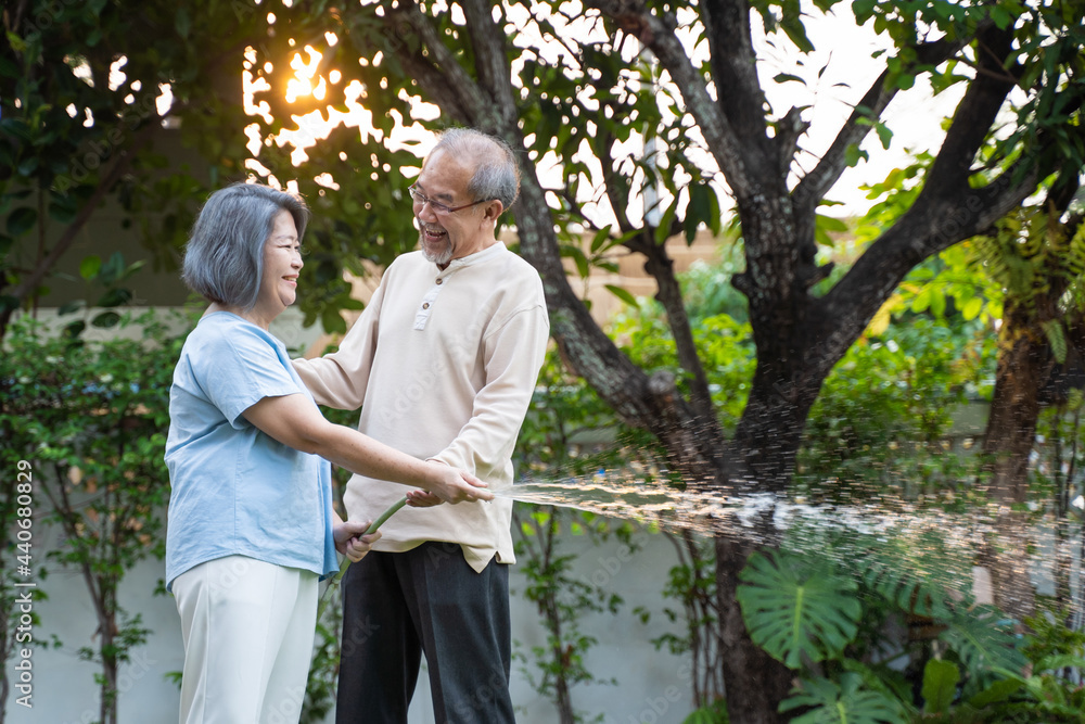 Asian senior elderly couple watering Plants in garden together at home