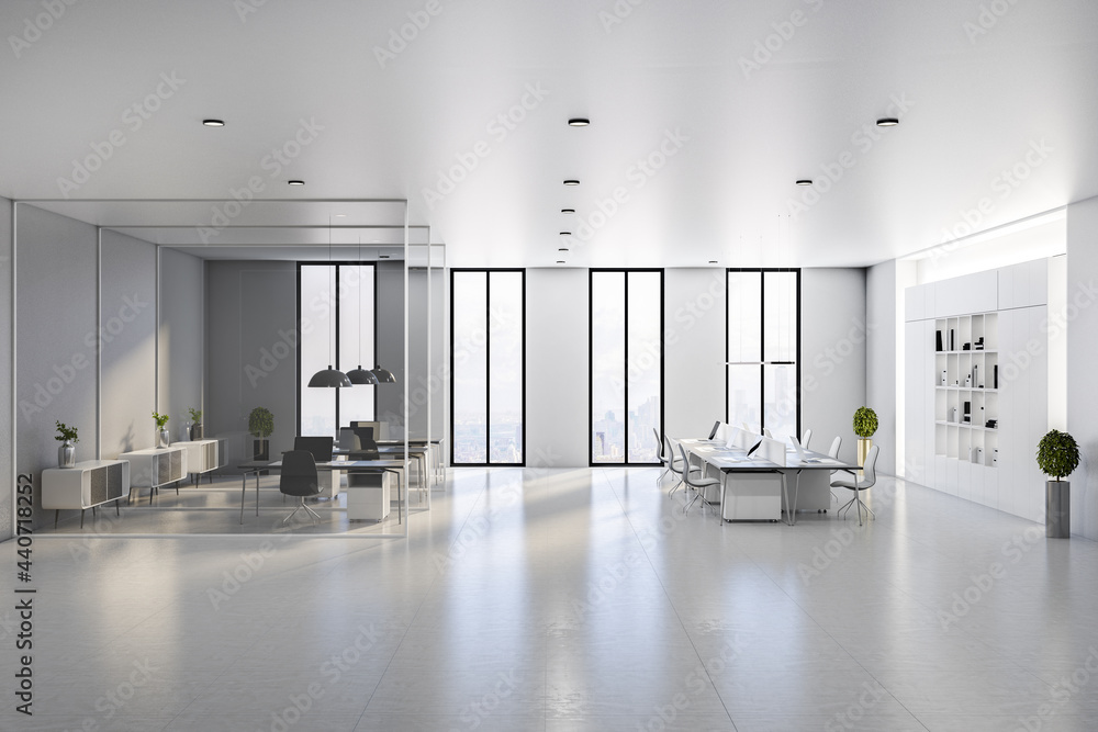 阳光单色风格的开放空间办公室室内设计，配有现代家具、浅色天花板、光泽