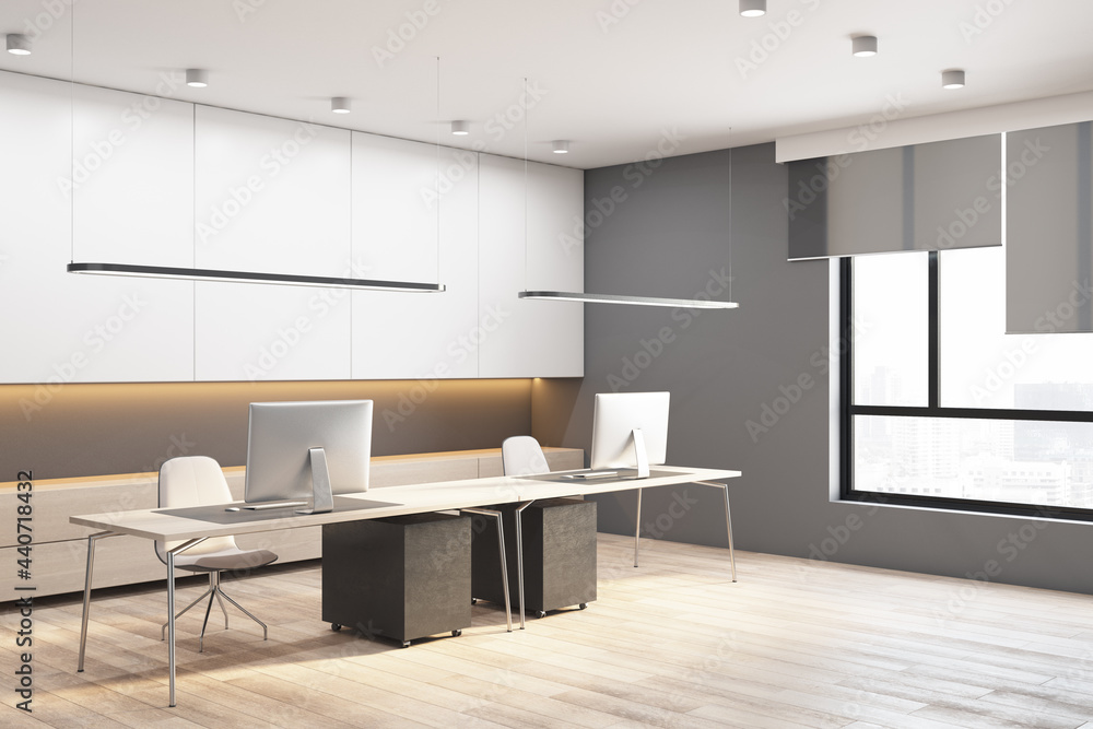 现代混凝土和木制办公室内部，享有城市景观、日光和家具。3D效果图