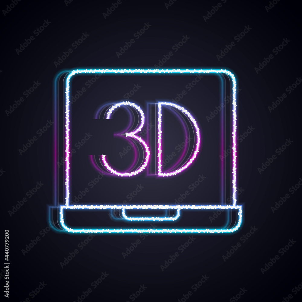在黑色背景上隔离的发光霓虹线3D打印机图标。3D打印。矢量