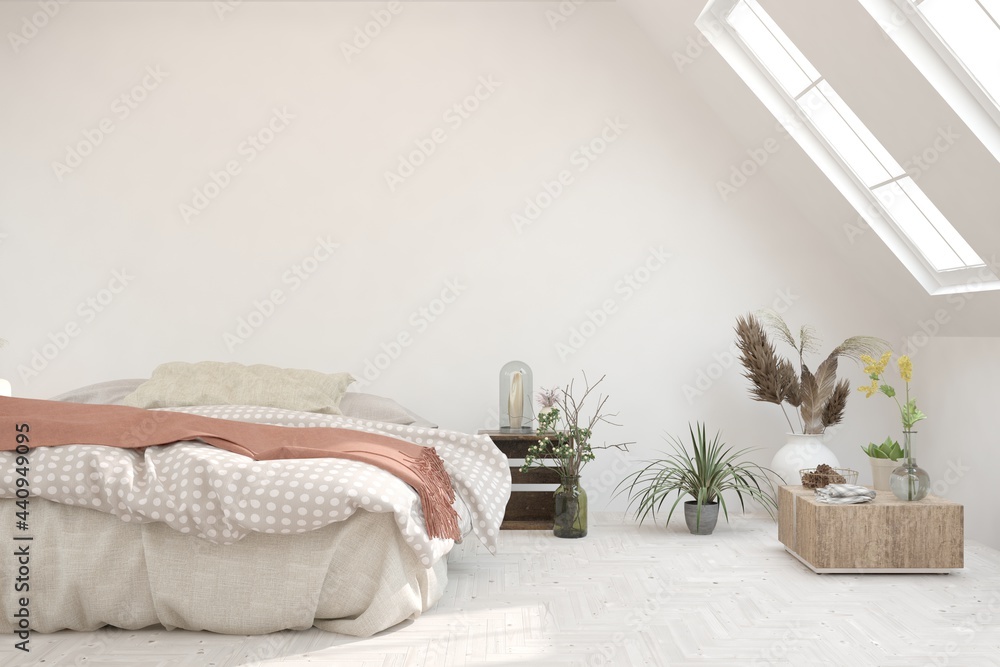 柔和色调的卧室内部。斯堪的纳维亚设计。3D插图