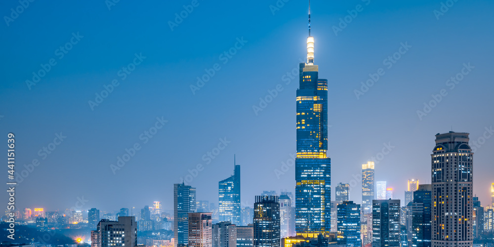 中国江苏南京紫峰大厦与城市天际线夜景