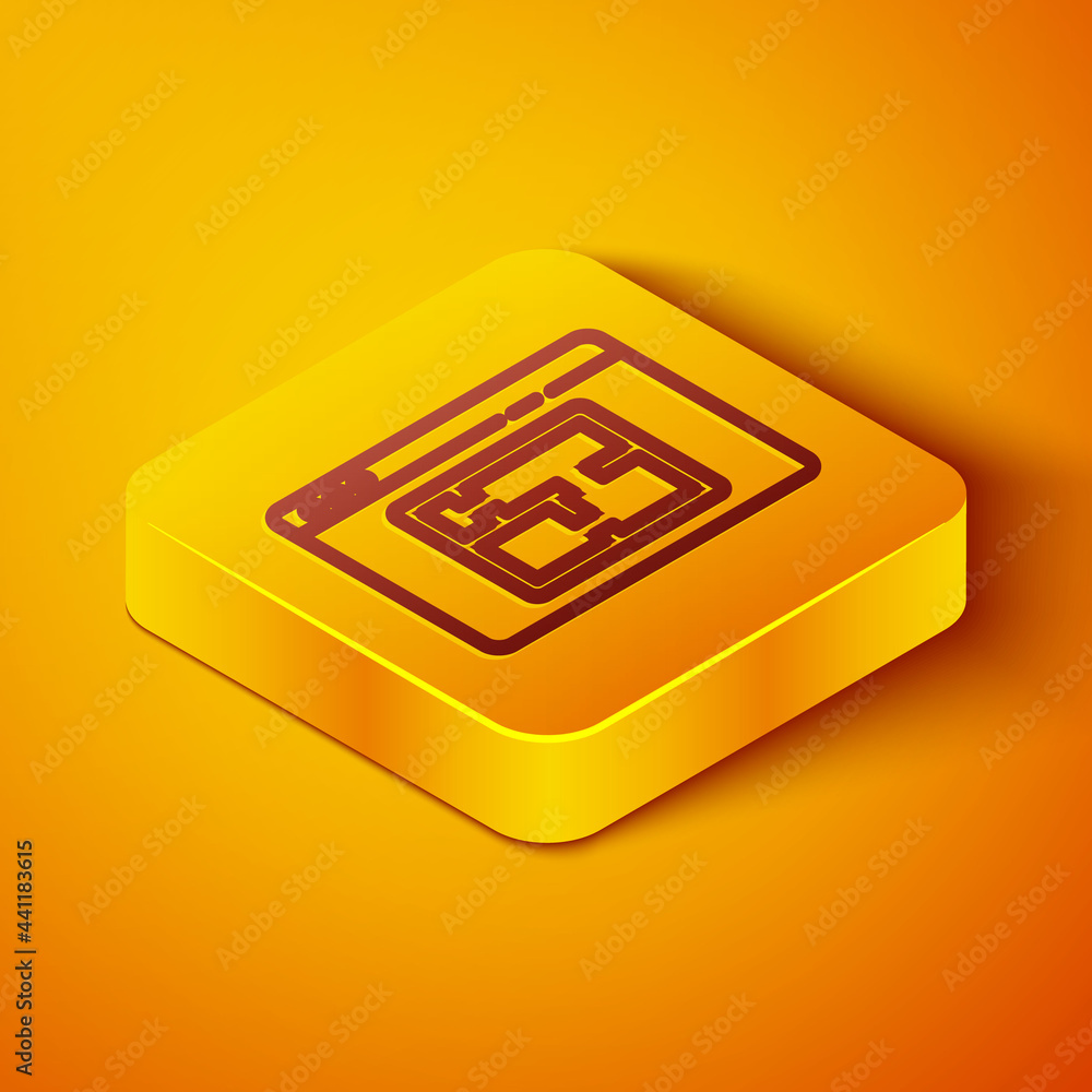 等距线房屋平面图图标隔离在橙色背景上。黄色方形按钮。矢量插图