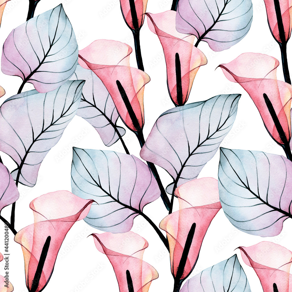 水彩画。透明热带花和叶子的无缝图案。粉色马蹄莲花a