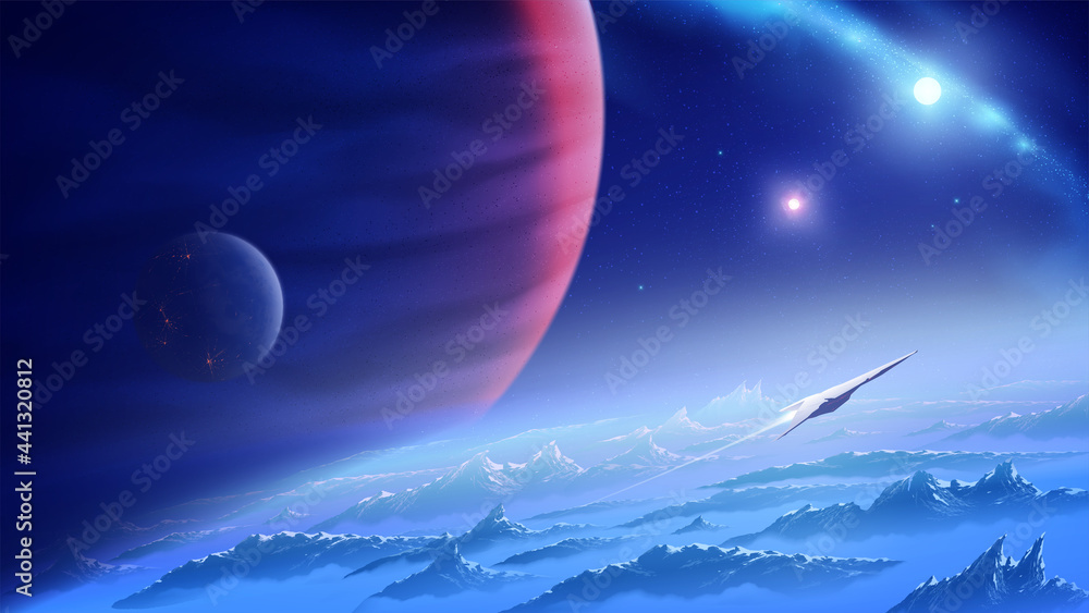 一艘宇宙飞船正在从宇宙中一颗未知的行星上飞行，背景是一个星云和一个g