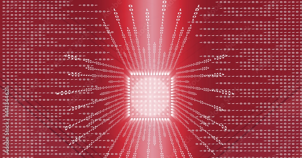 红色背景下微处理器芯片上的二进制编码数据处理