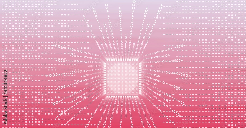 粉红色渐变背景下微处理器芯片上的二进制编码数据处理