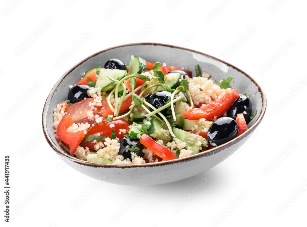 Bowl with couscous and vegetables on white background