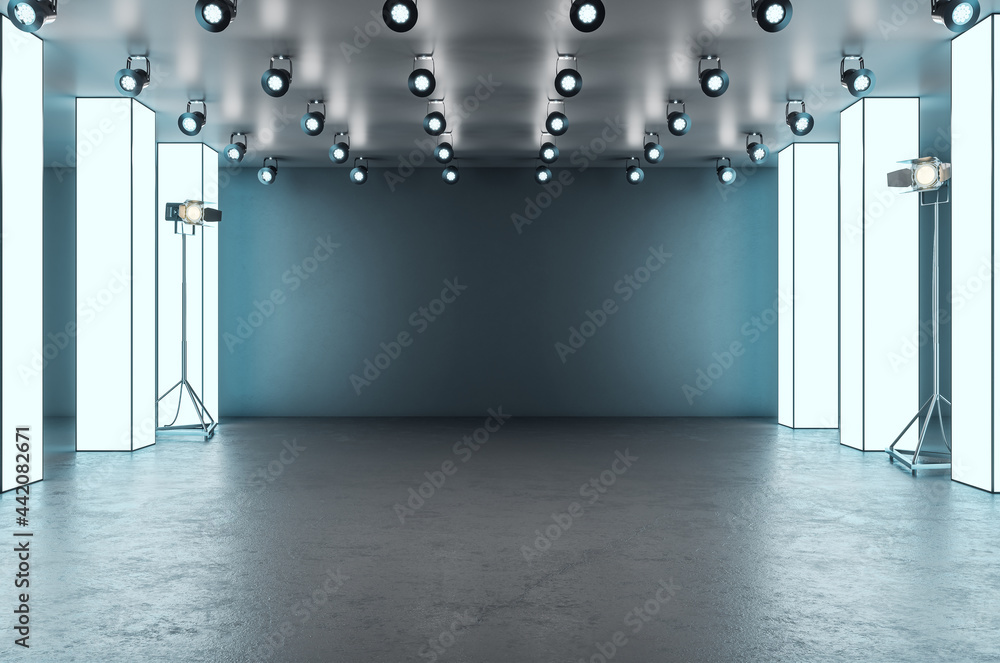 现代发光展厅混凝土室内空白模型舞台。博物馆和画廊概念。