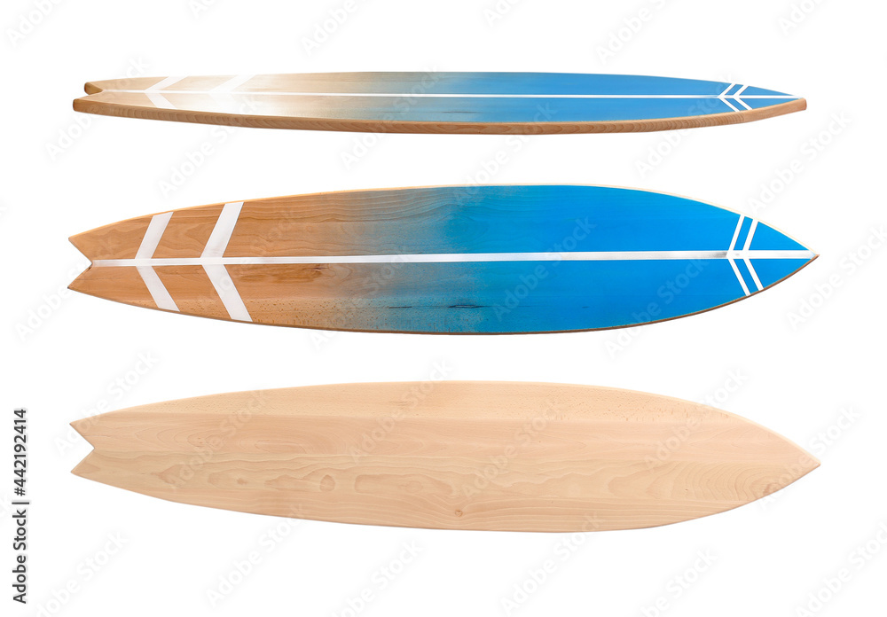 白色背景下木制冲浪板的不同视图