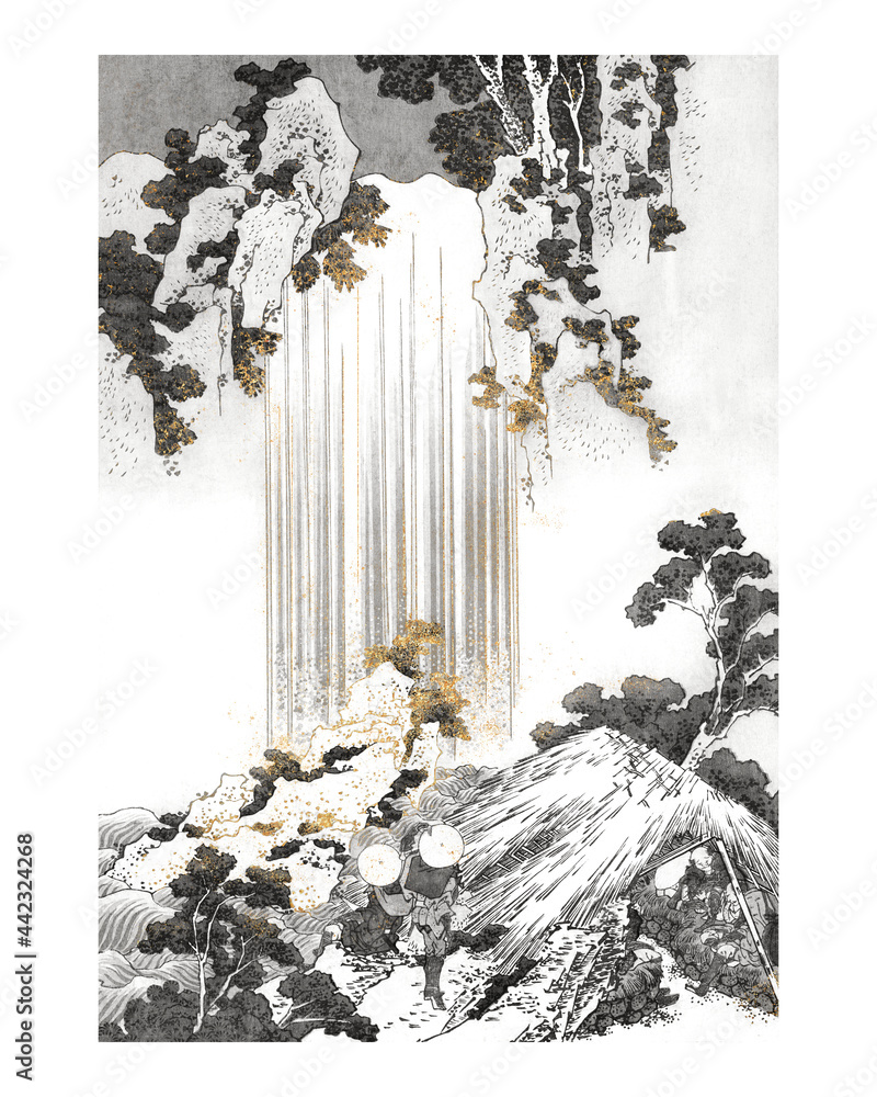 复古闪亮的金色Yoro瀑布插图墙艺术印刷和海报设计原创混音