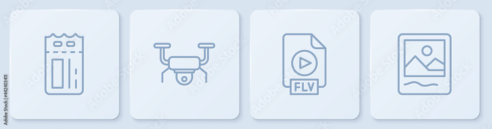 Set line Cinema ticket, FLV file document, Drone flying and Photo frame. White square button. Vector