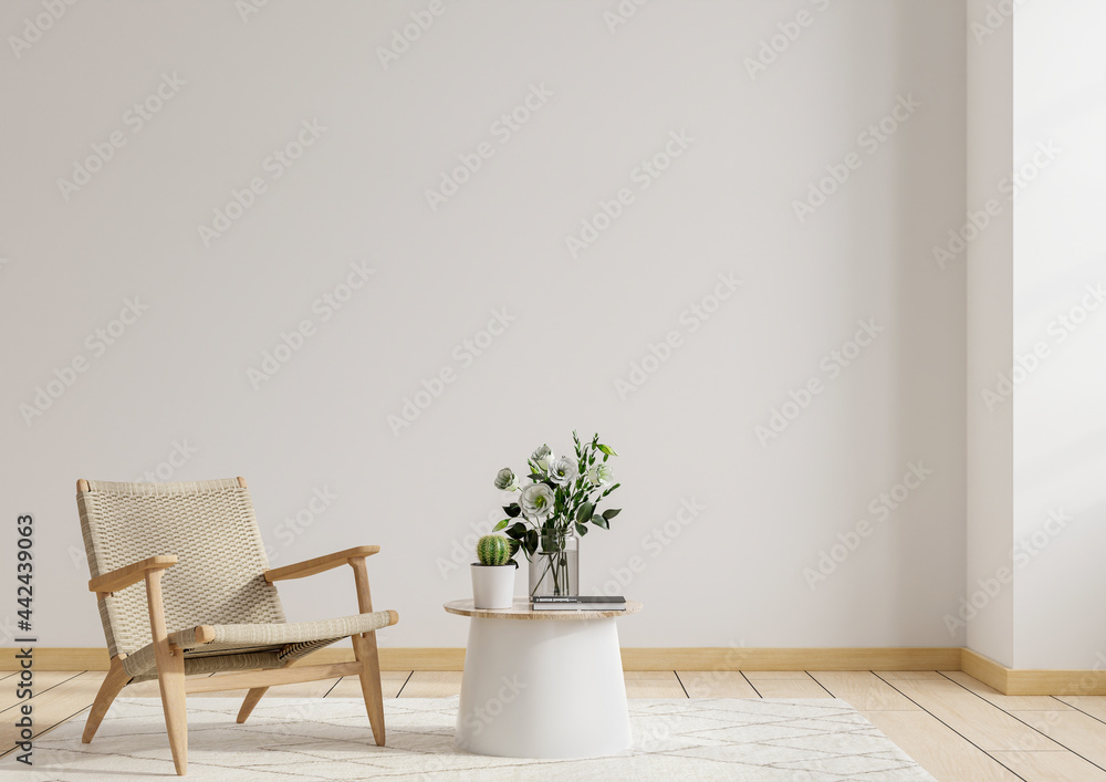 温暖色调的客厅室内墙壁模型，带木橱柜的扶手椅。