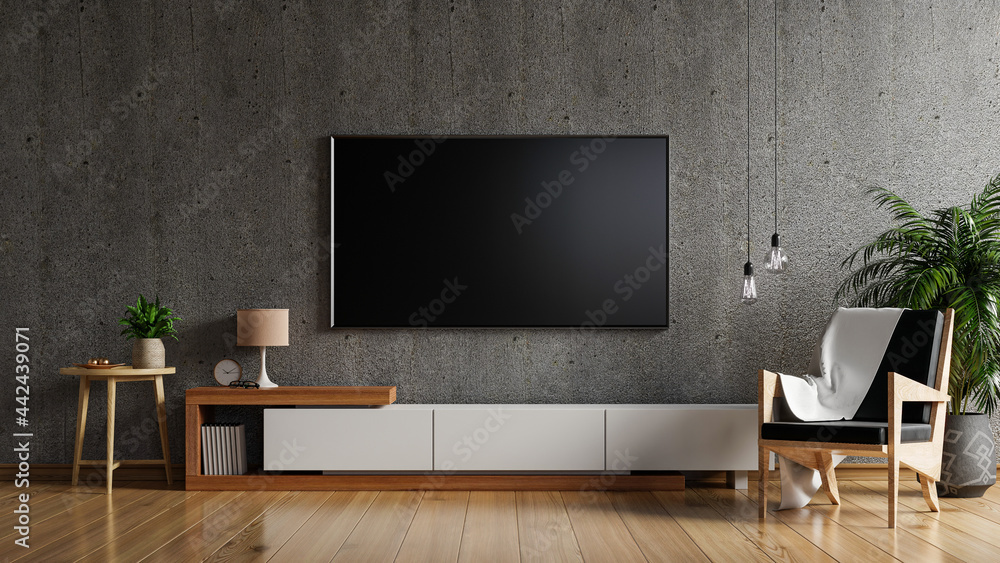 客厅橱柜上的电视实物模型——混凝土墙。