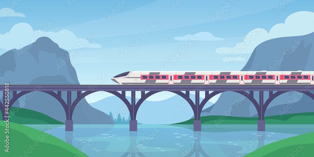桥上火车。铁路上高速电动火车的山地景观。快速铁路运输。T