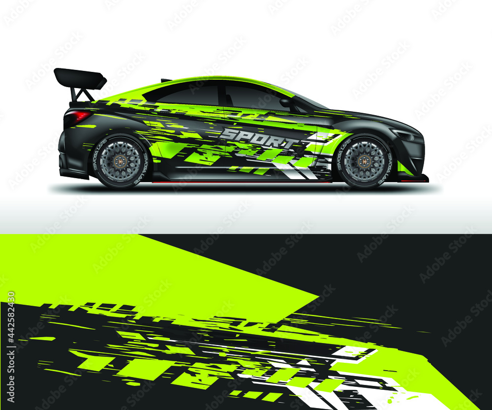 贴花汽车包裹设计矢量。图形抽象条纹赛车背景，适用于车辆、赛车、拉力赛