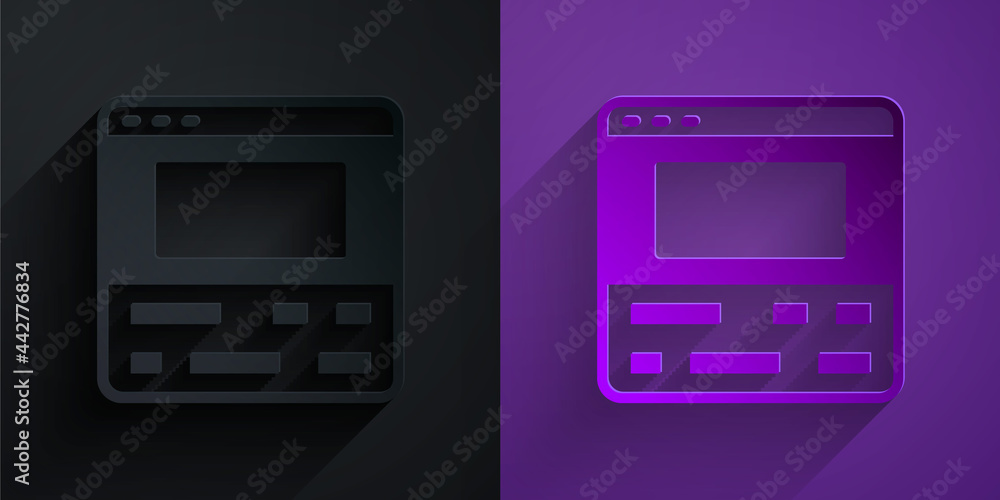 笔记本电脑上的剪纸录像机或编辑软件图标隔离在紫色背景上的黑色。V